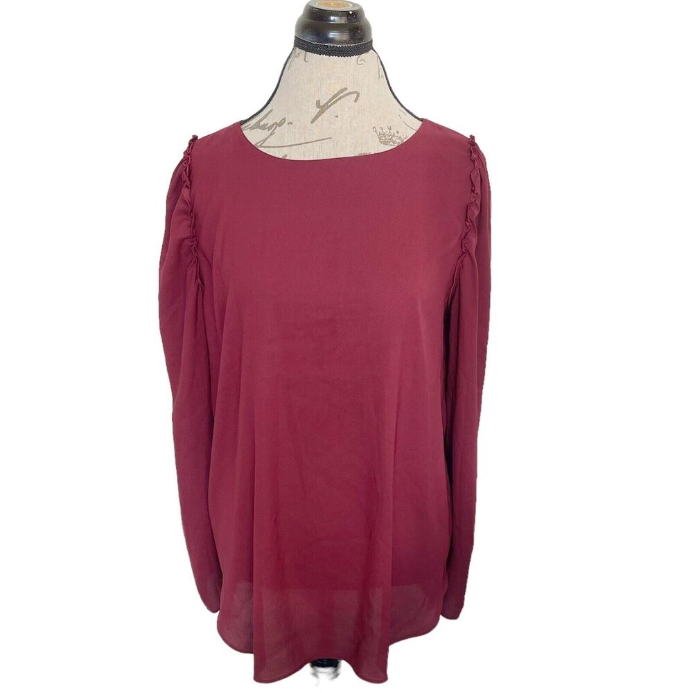 Ann Taylor Womens Red Blouse Size Medium Ruffle Puffer Long Sleeve Slow Fashion